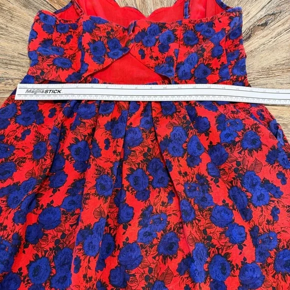 Retro Rockabilly Floral Linen Cotton Blend Dress w Pockets Size Large red blue - Picture 14 of 16